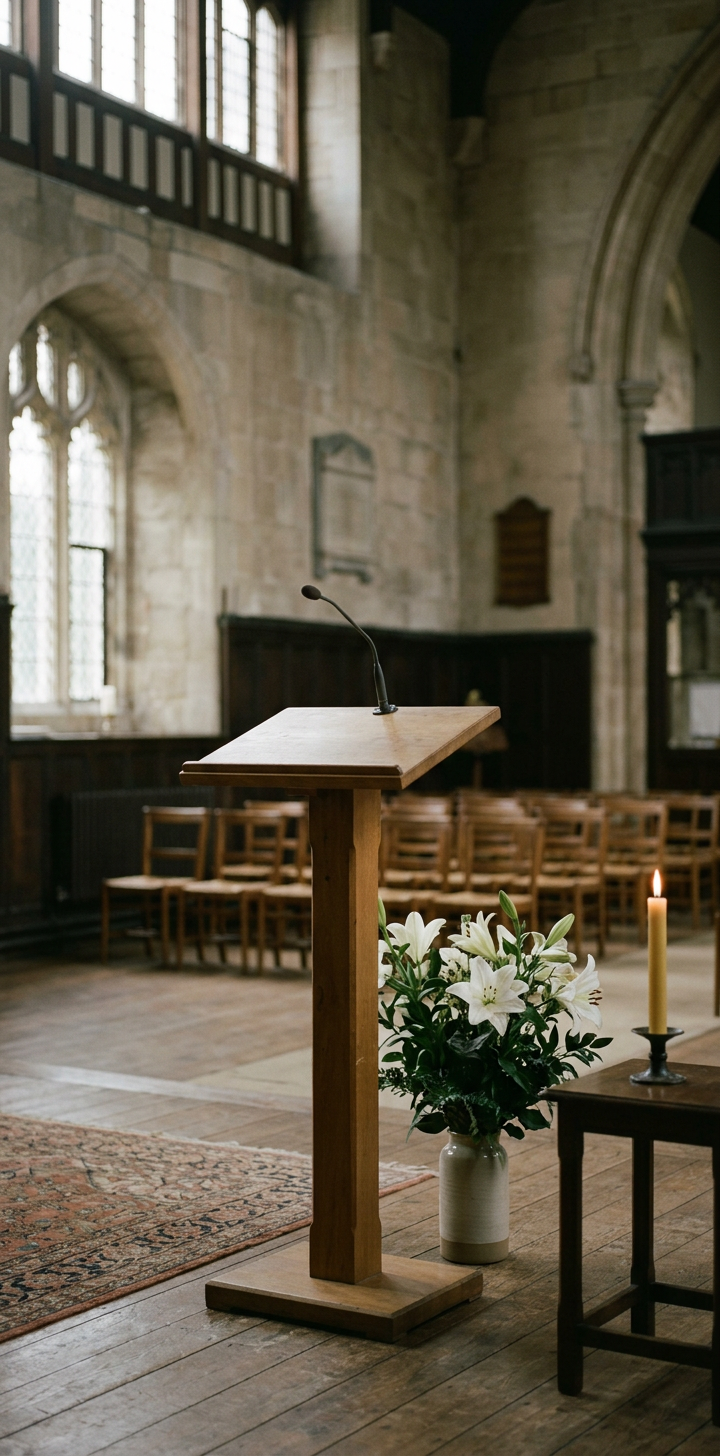 Dřevěný pulpit s bílými liliemi a jedinou svíčkou